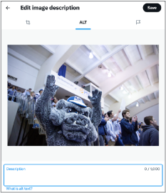 Twitter/X Screenshot of adding Adding Alt-text - Step 2: Include your description. Be succinct (no more than 125 characters).