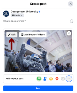 Twitter/X Screenshot of adding Adding Alt-text - Step 1: TOn Facebook, select "edit." In the edit menu, select "alternative text."