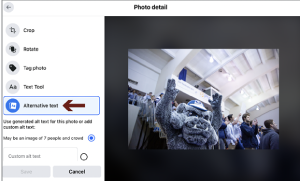Facebook Screenshot of adding Alt-text - Step 2: Include your description. Include your description. Do be succinct (no more than 125 characters).