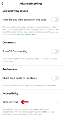 Instagram Screenshot of adding Adding Alt-text - Step 2: Under Accessibility, Toggle Write Alt Text to write your description for the image.