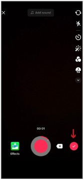 TikTok screenshot - Step 1: click the red
checkmark button on the bottom
right corner when you finish recording or uploading your video.